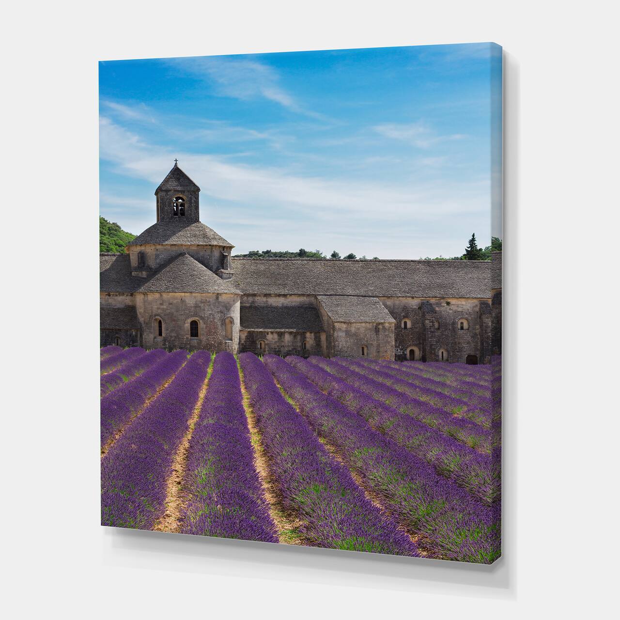 Designart - Lavender Field With Abbey In France - Farmhouse Canvas Wall Art Print